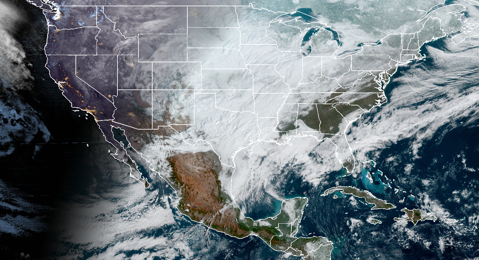 US Weather Satellite Images Show Record Breaking 73 Of Country   MERGEDGC Last 24hr Limit[12.6%2C 130.85%2C49.87%2C 62.29] With Outline 